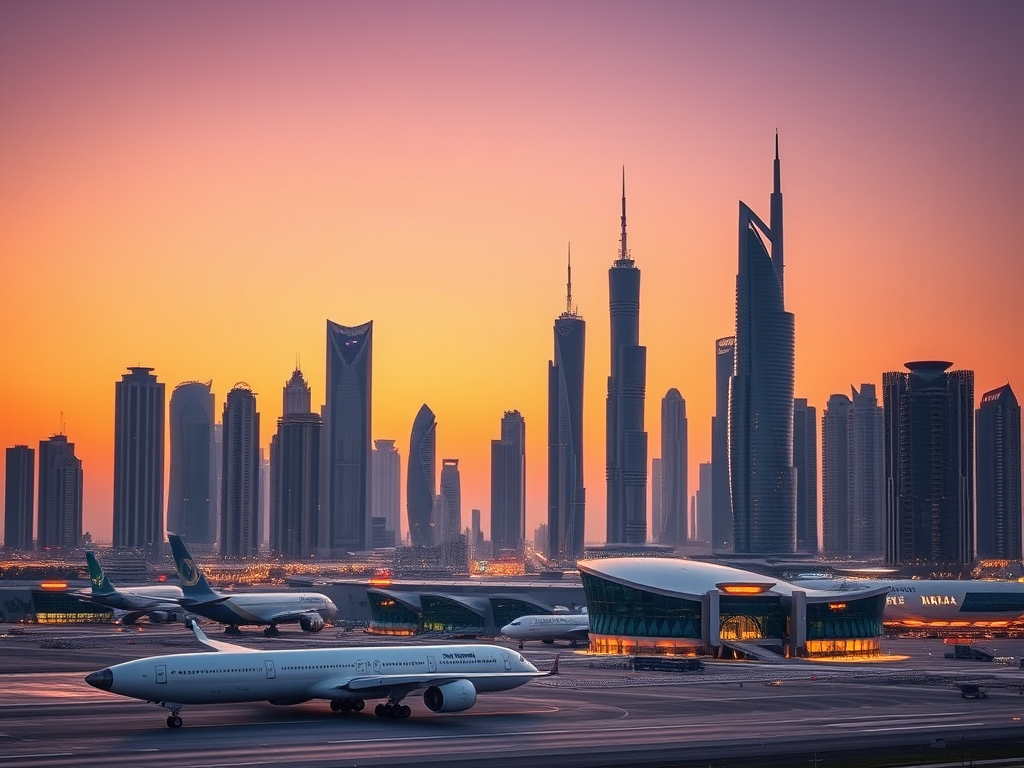 A busy airport at sunset, with modern skyscrapers silhouetted against a vibrant orange and purple sky.