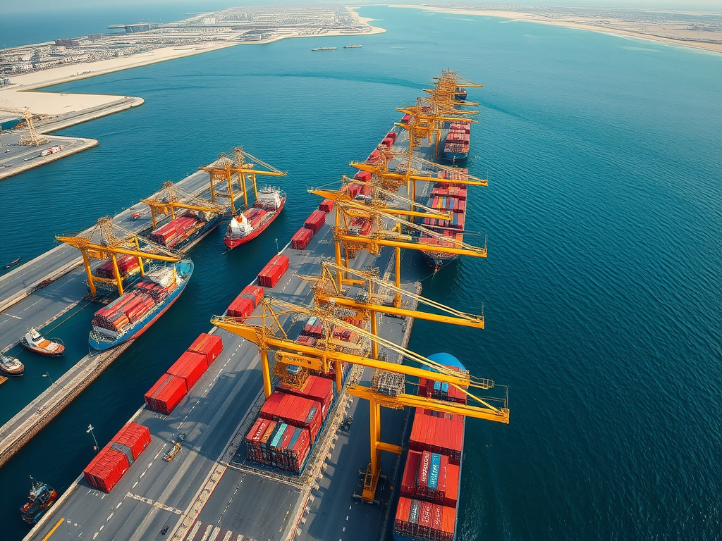 Aerial view of a busy shipping port with container ships, cranes, and red shipping containers.