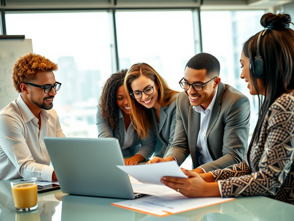 A diverse group of four professionals collaborates over a laptop, smiling and discussing documents in a bright office.