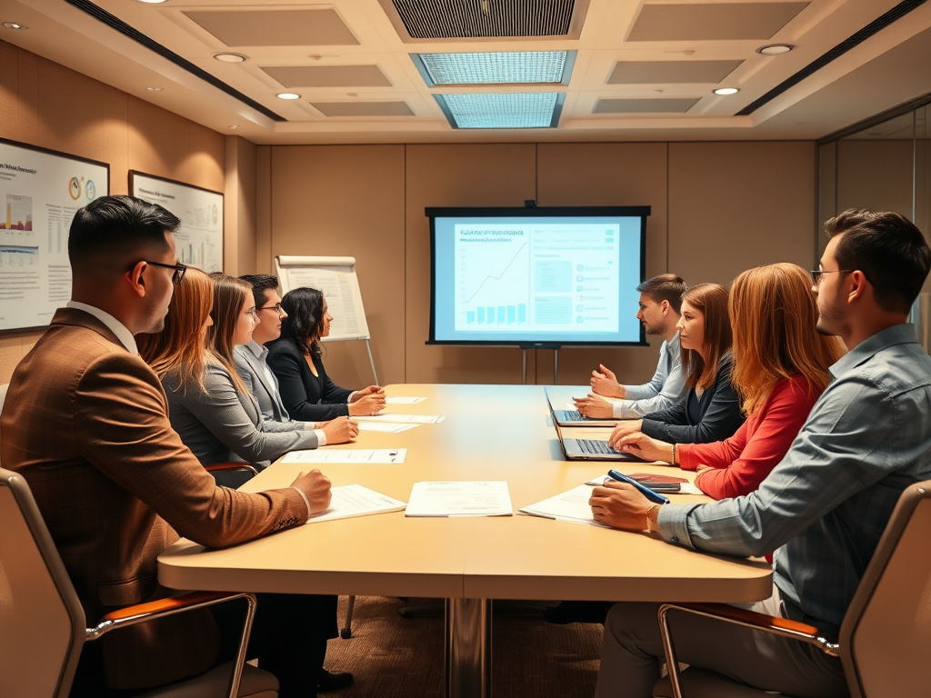 A group of professionals in business attire seated at a conference table, listening to a presentation.