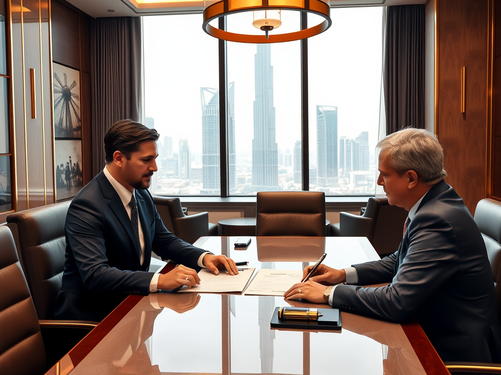 Two business professionals are seated at a conference table, discussing documents against a city skyline backdrop.