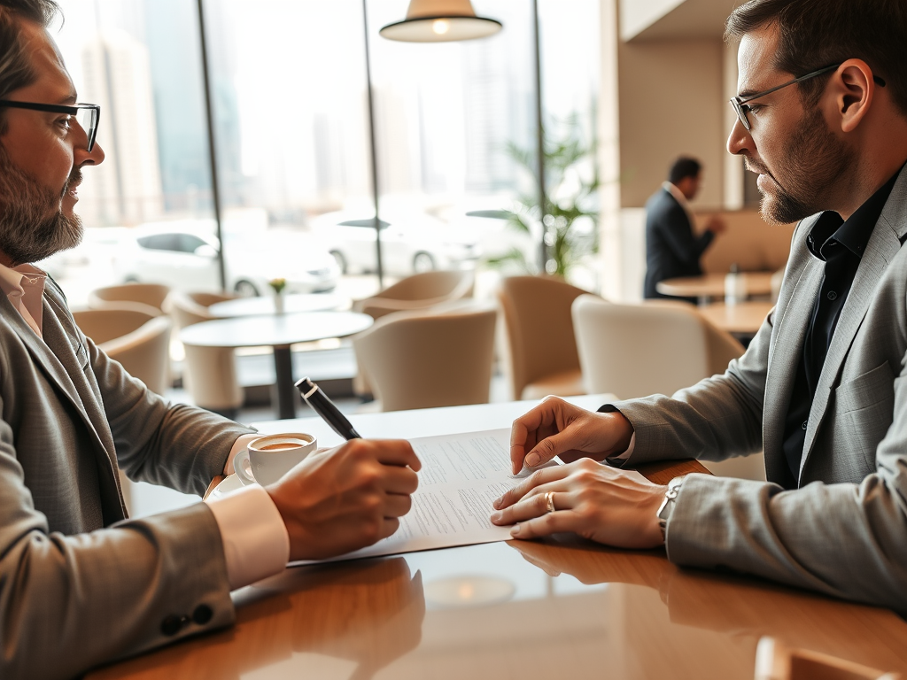 Two men in business attire sit across a table, one signing a document while the other observes, coffee in hand.