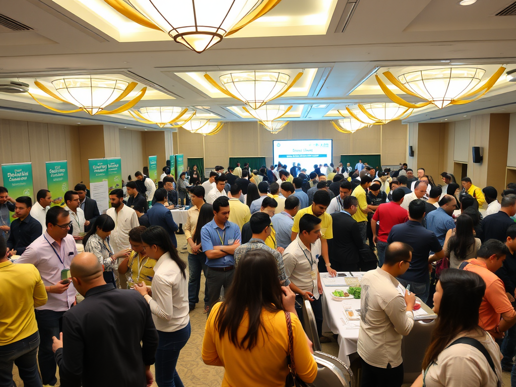 A crowded conference room filled with participants engaging in discussions and networking among tables and displays.