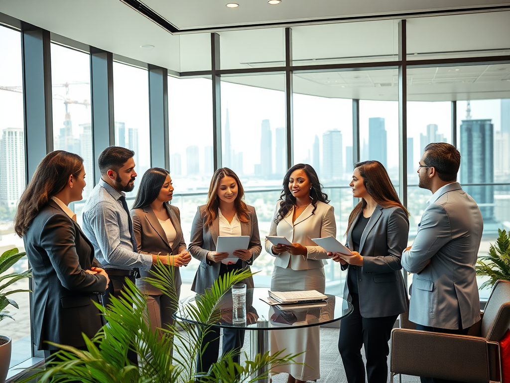 A diverse group of professionals discussing documents in a modern office with a city skyline view.