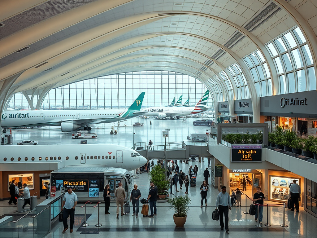 A busy airport terminal with planes visible through large windows, shops, and travelers moving around.