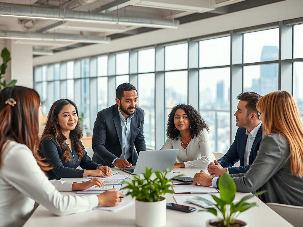 A diverse group of professionals collaborates around a conference table in a bright, modern office.