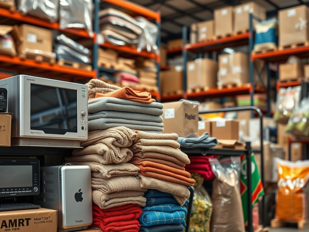 A cluttered storage area with stacked blankets, appliances, and cardboard boxes on shelves in the background.