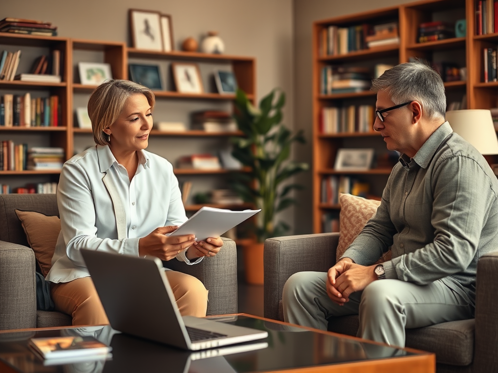 A woman sits across from a man, discussing documents in a cozy, book-filled living room.