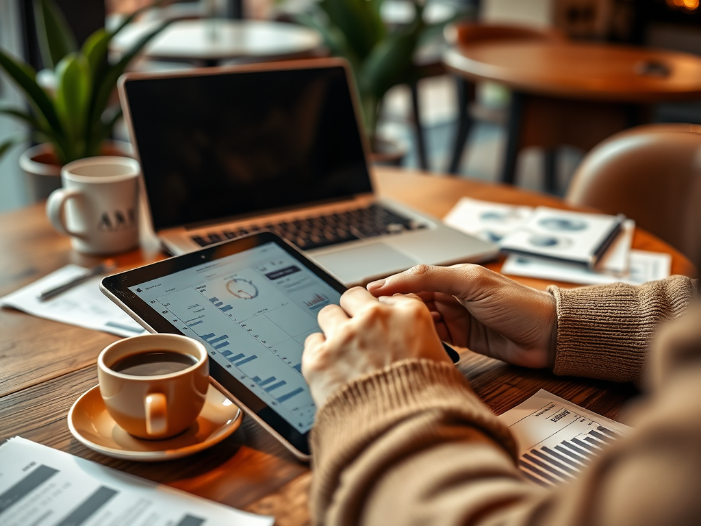 A person using a tablet with data charts while enjoying coffee at a cozy workspace surrounded by plants.