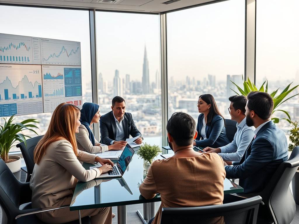 A diverse group of professionals in a modern office meeting, discussing charts with a city skyline in the background.