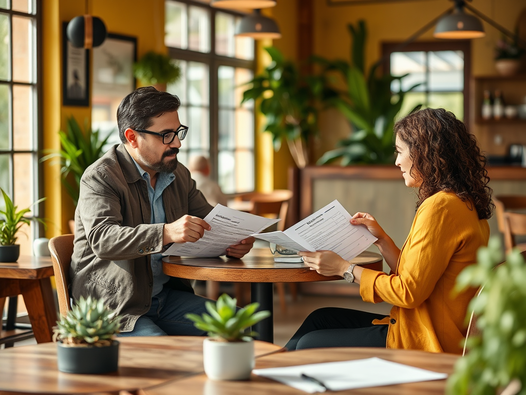 A man and a woman sit at a café table, discussing documents surrounded by plants in a bright, cozy atmosphere.