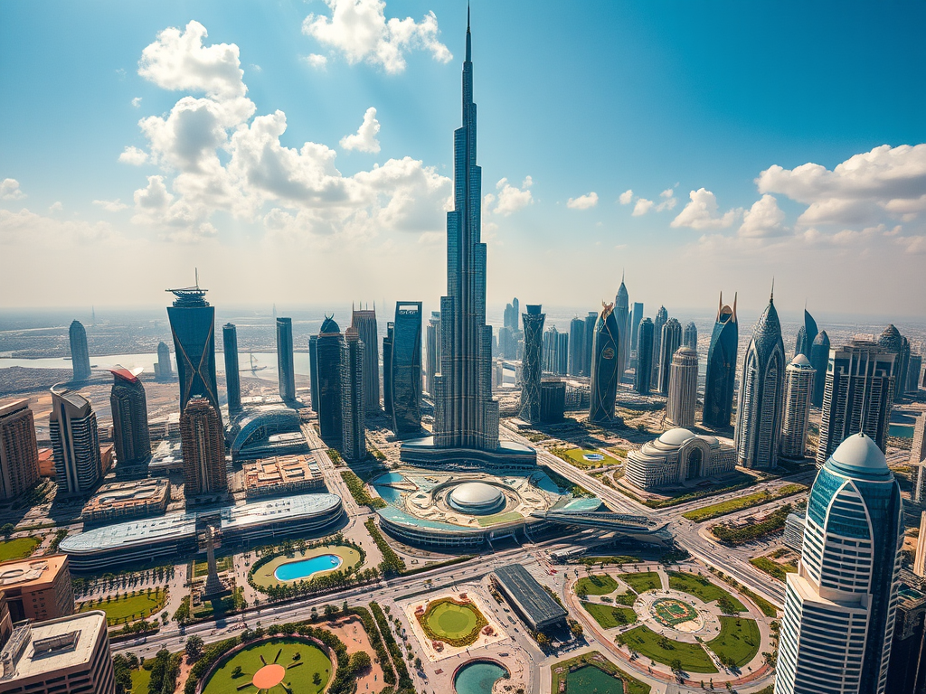 Aerial view of Dubai's skyline featuring the Burj Khalifa and modern skyscrapers against a blue sky.