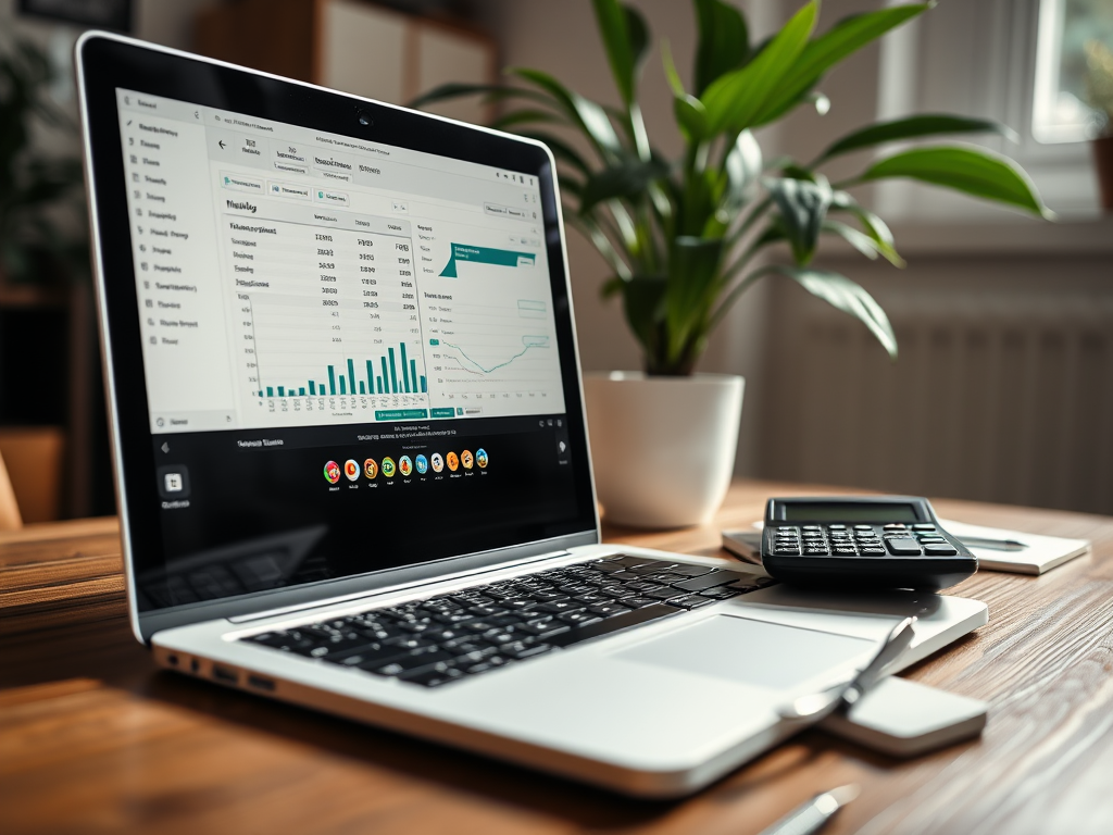 A laptop displaying financial data, a calculator, and a notebook on a wooden desk with a plant in the background.