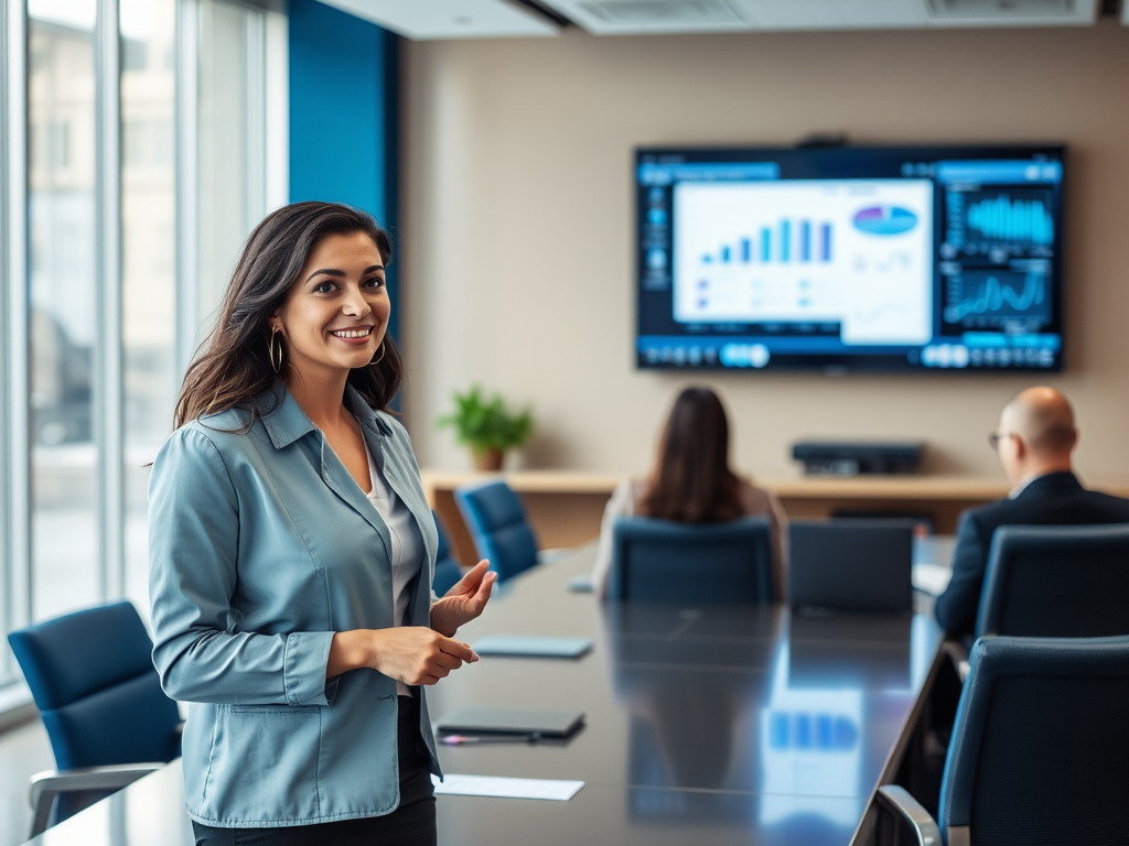 A woman in a blue blazer stands in a conference room, presenting data to an audience in front of a screen.